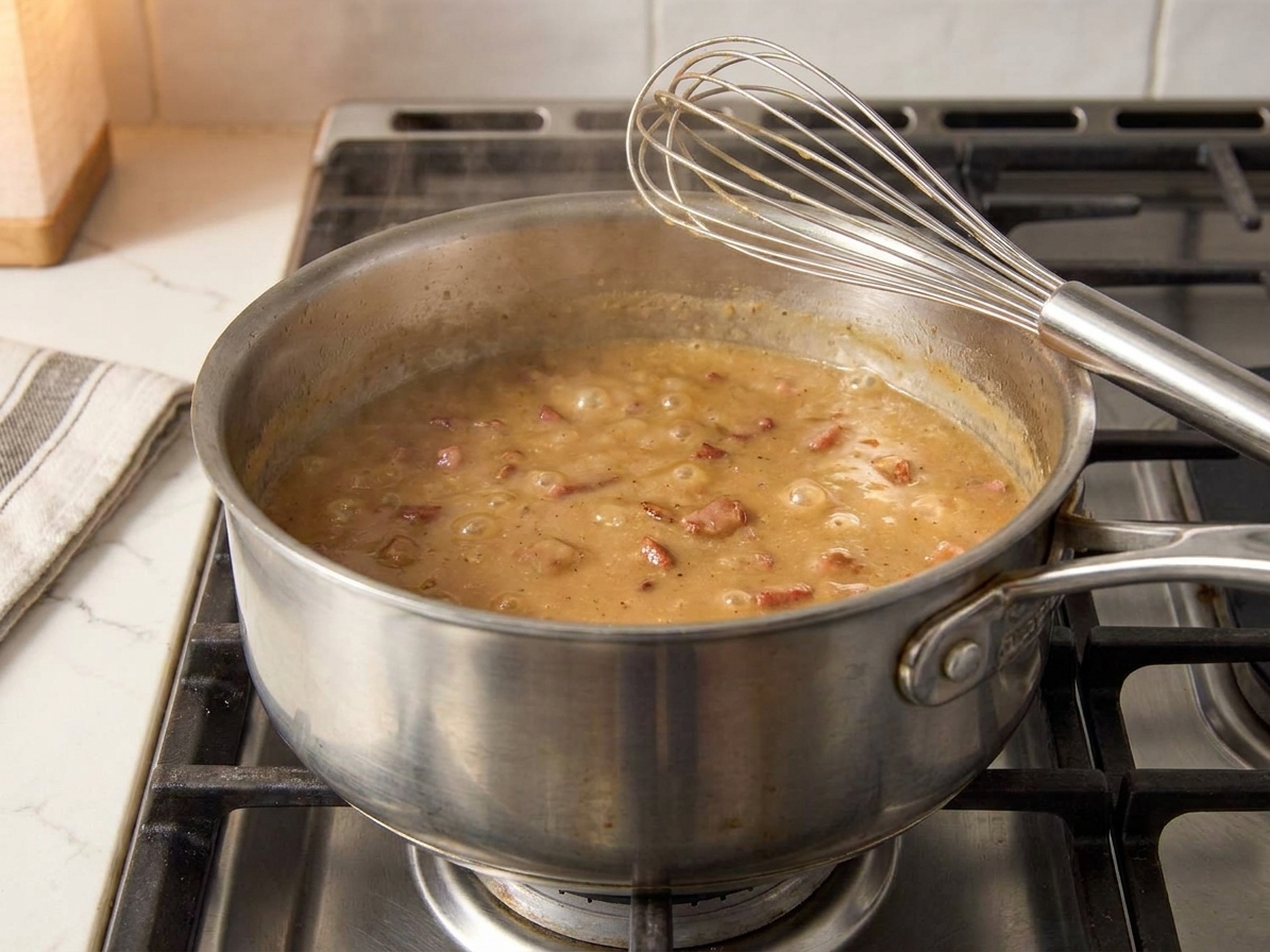 Ham gravy gently bubbling in a stainless steel saucepan with a whisk resting on the rim