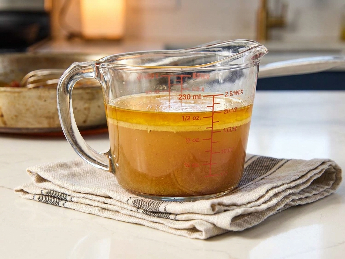 Ham pan drippings resting in a glass measuring cup on a kitchen counter with the fat separated on top