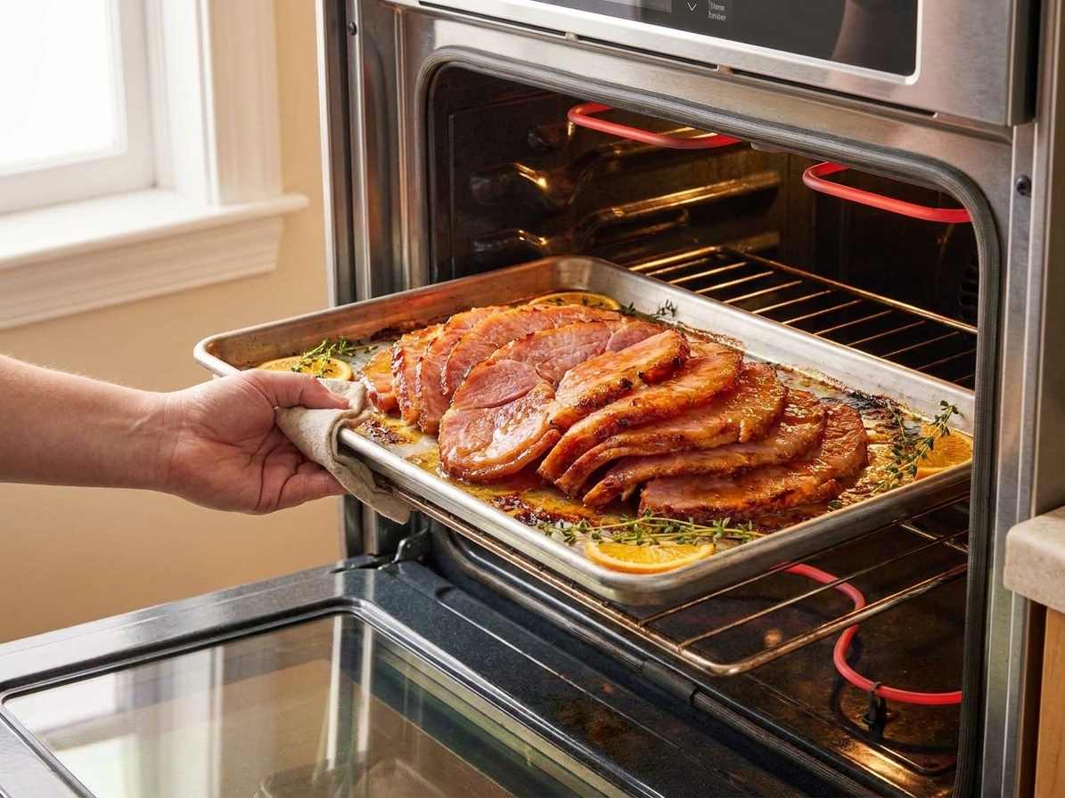 Ham slices on a rimmed baking sheet brushed with glaze, lightly caramelized under a broiler with the oven door open