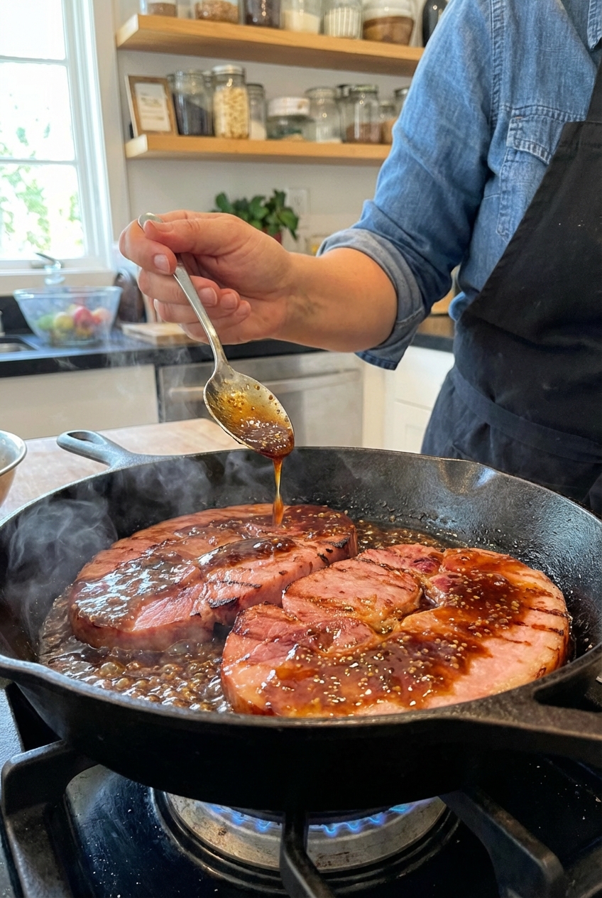 Ham steaks being glazed in a skillet as sauce is spooned over the top