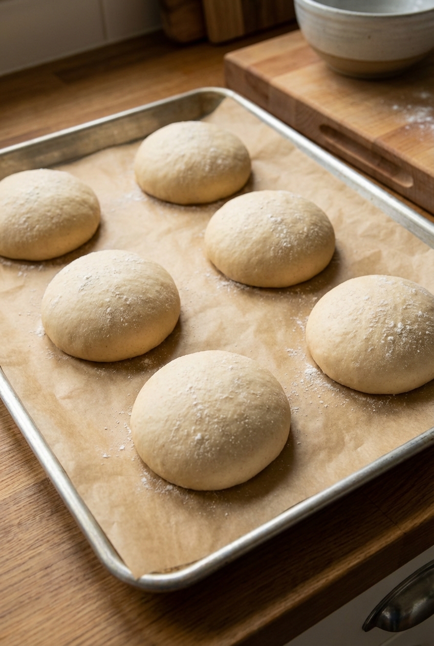 Hamburger bun dough portions shaped into smooth balls on a parchment-lined baking sheet before rising