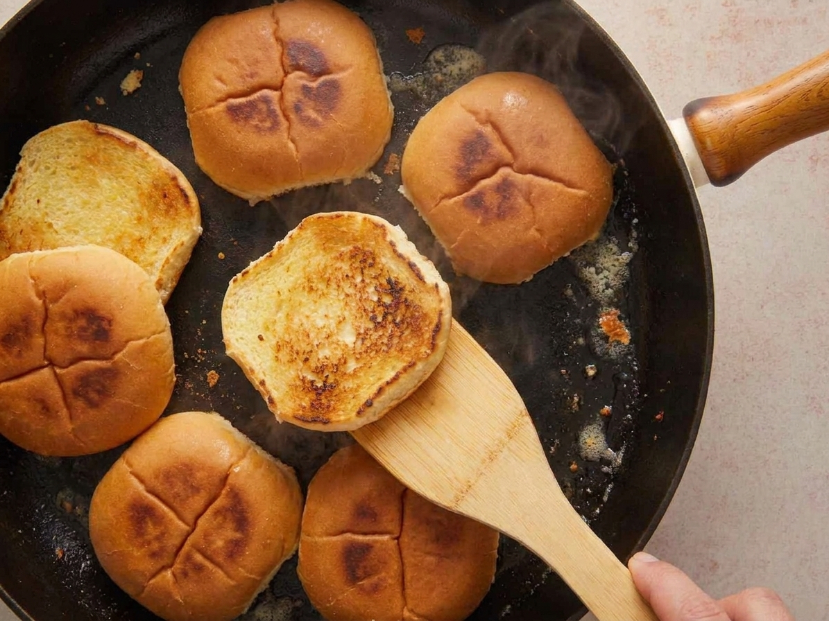 Hamburger buns toasting cut-side down in a skillet until golden brown