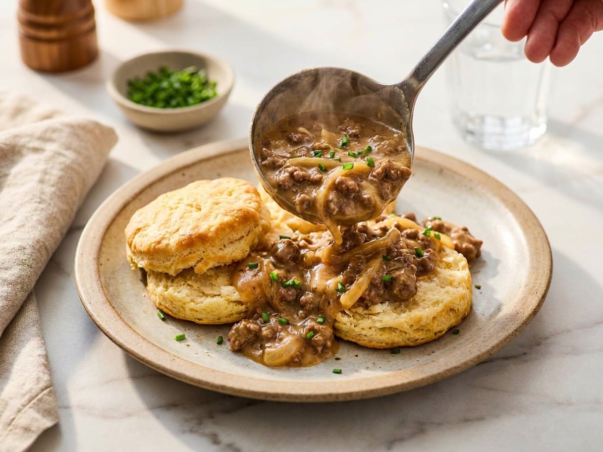 Hamburger gravy ladled over split biscuits on a plate at a simple dinner table