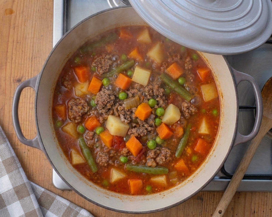 Hamburger vegetable soup gently simmering in a Dutch oven with the lid slightly ajar on a stovetop