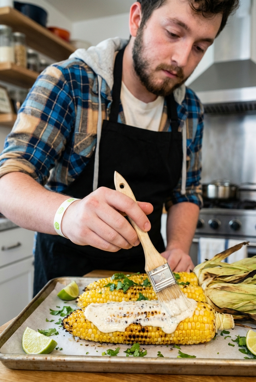 Hand brushing creamy sauce onto a grilled corn on the cob over a sheet pan