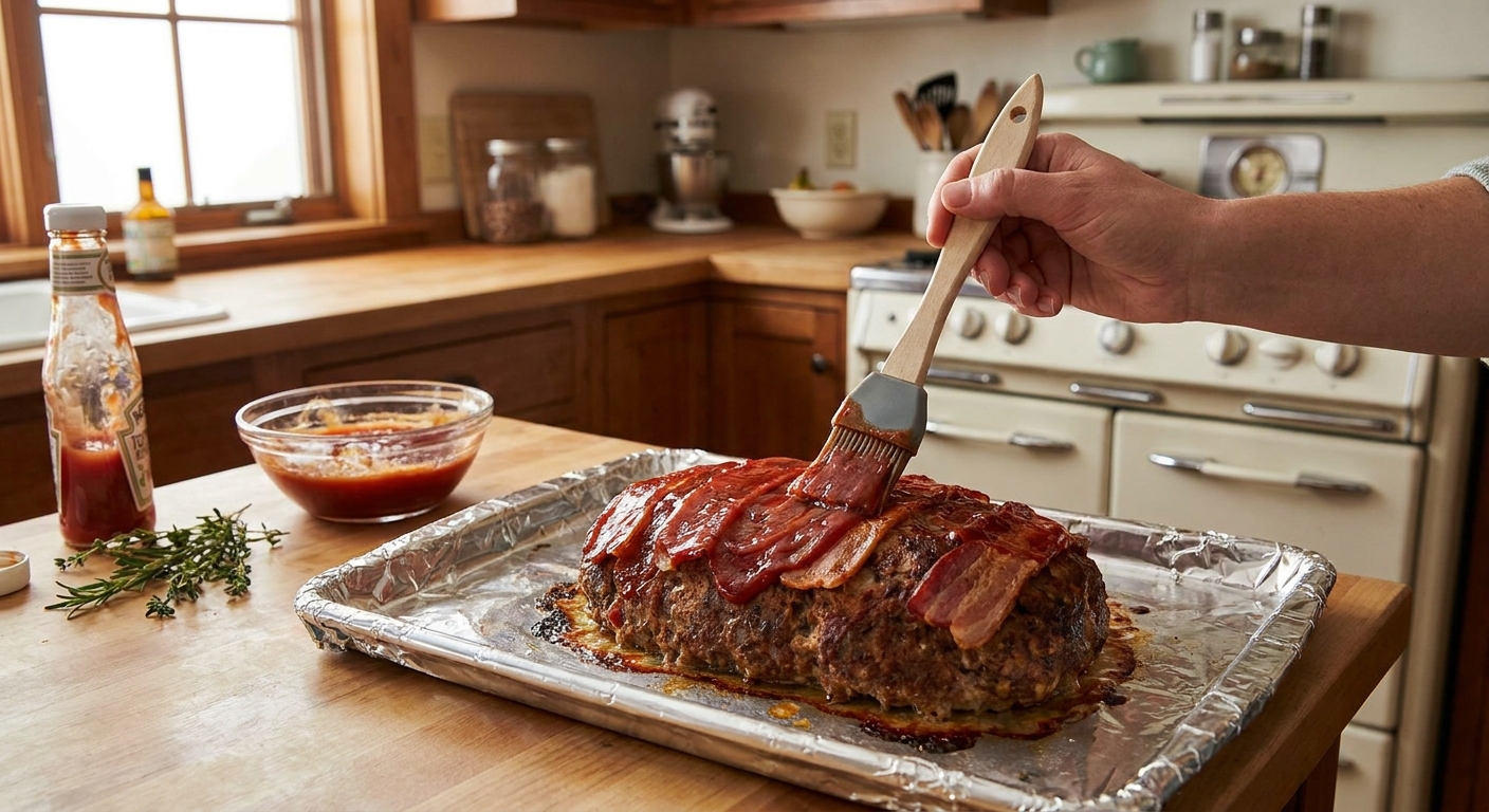 Hand brushing ketchup glaze over a partially baked meatloaf on a foil-lined sheet pan in a home kitchen