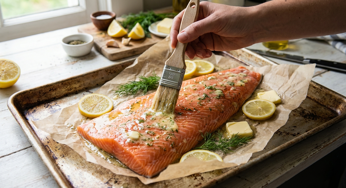 Hand brushing lemon butter over a raw salmon fillet on a parchment-lined baking sheet