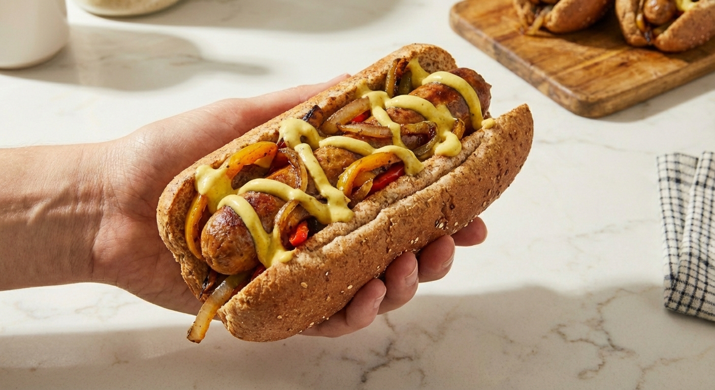 Hand holding a hot dog topped with sautéed peppers and onions and a creamy yogurt mustard drizzle in a kitchen