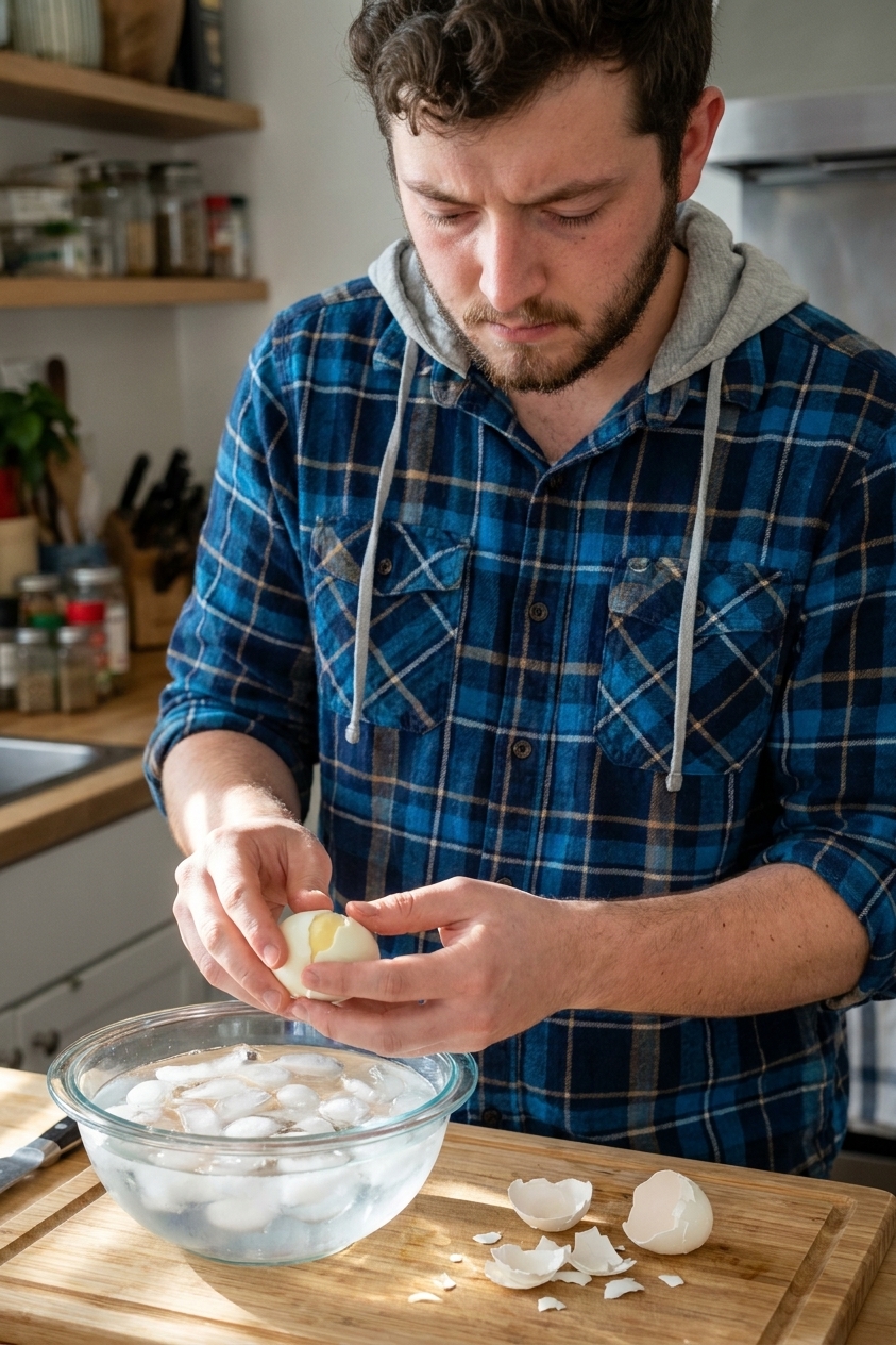 Hand peeling a hard boiled egg over a bowl of ice water with scattered eggshells on a kitchen counter