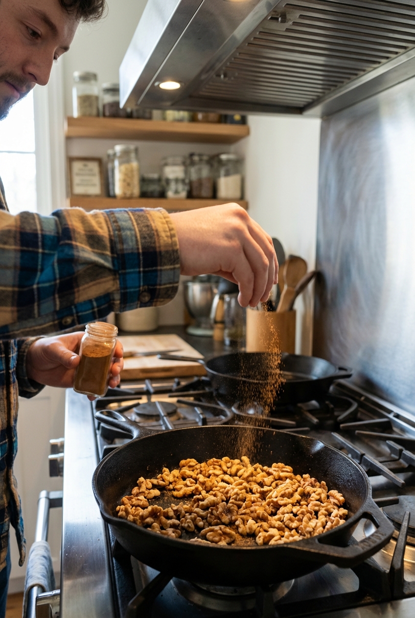 Hand sprinkling cinnamon over walnuts in a skillet on a stovetop