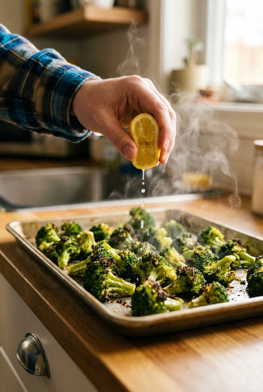 Hand squeezing a lemon wedge over roasted broccoli on a sheet pan with visible steam