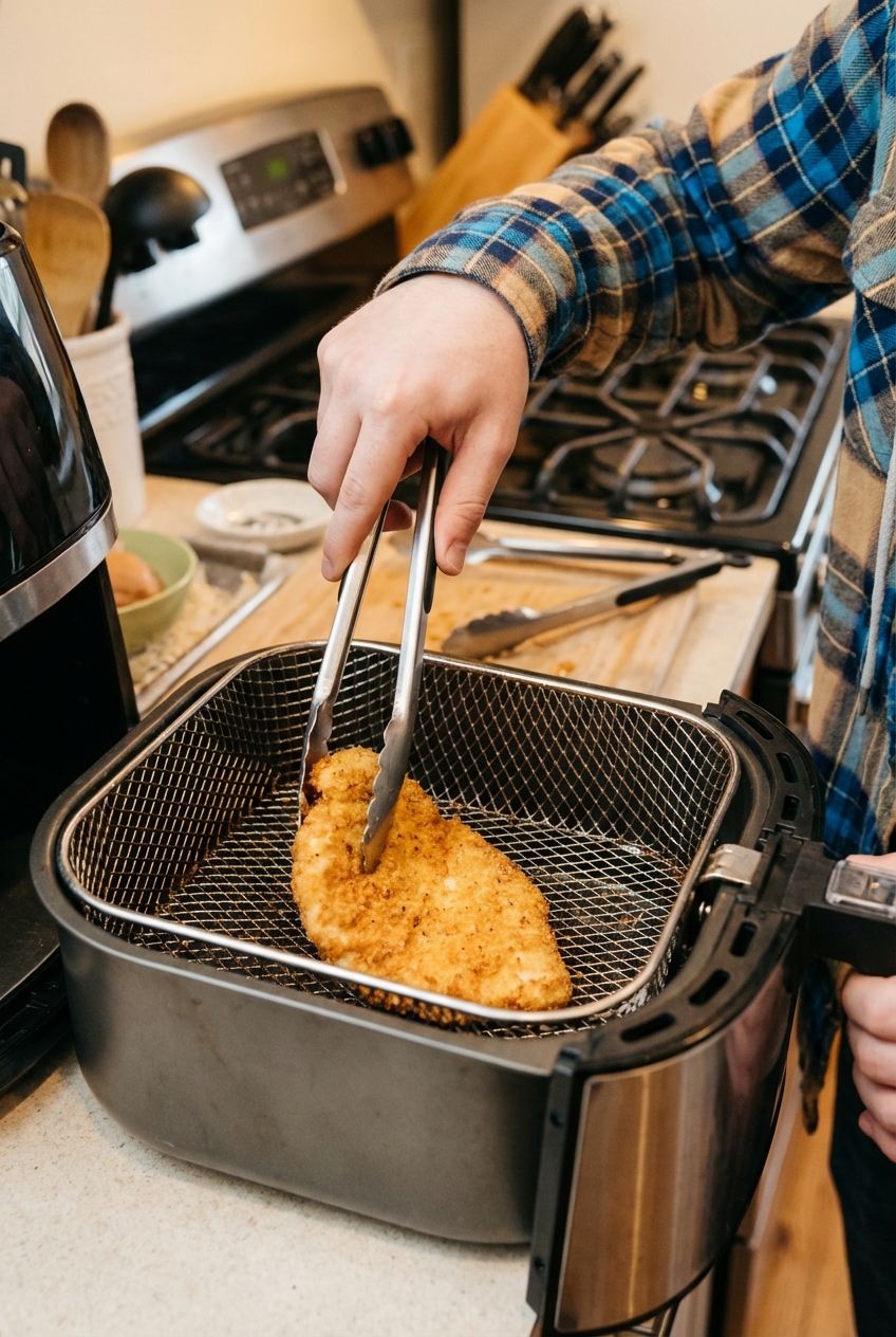 Hand using tongs to flip a breaded chicken cutlet in an air fryer basket