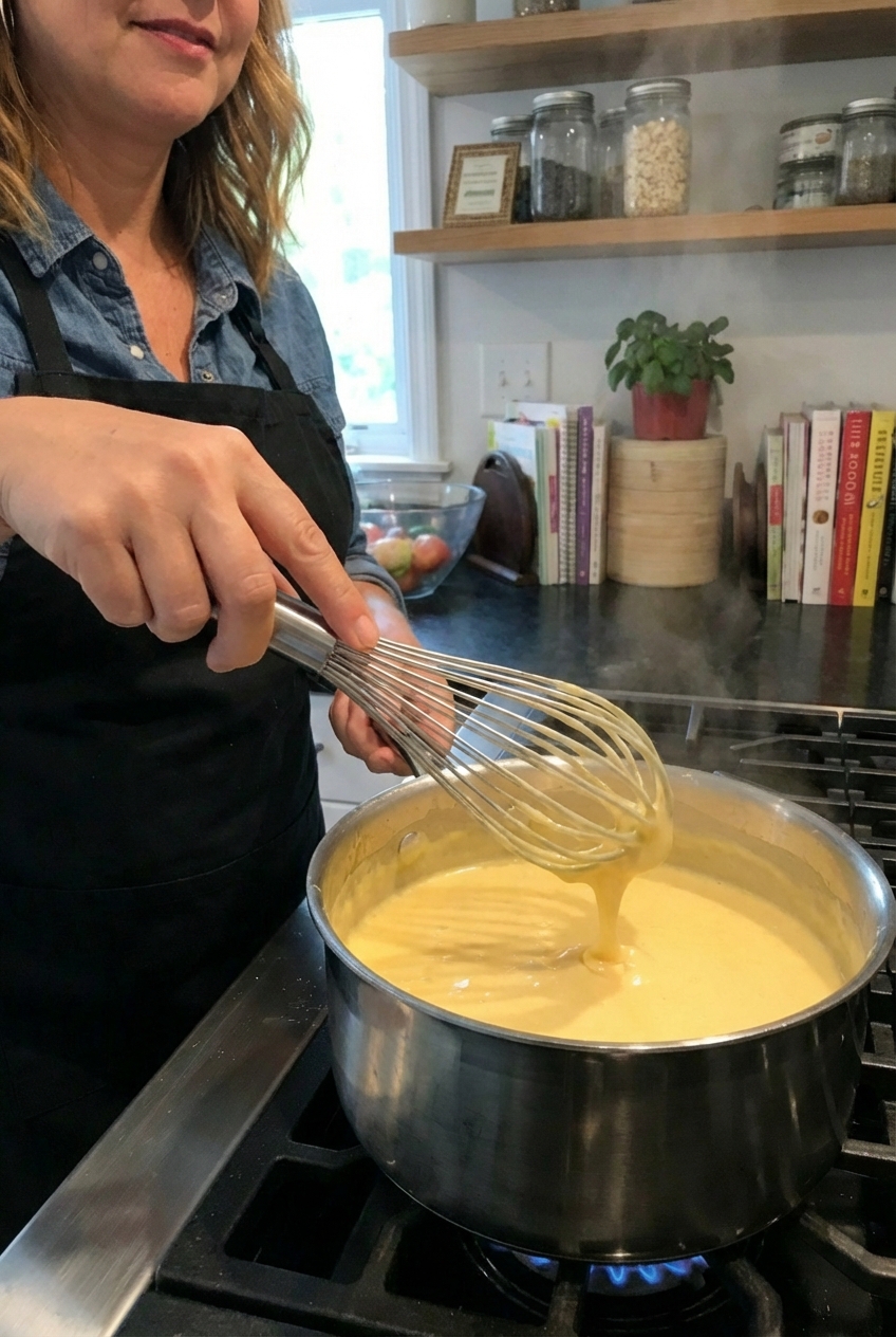 Hand whisking a creamy cheese sauce in a stainless steel saucepan on a stovetop