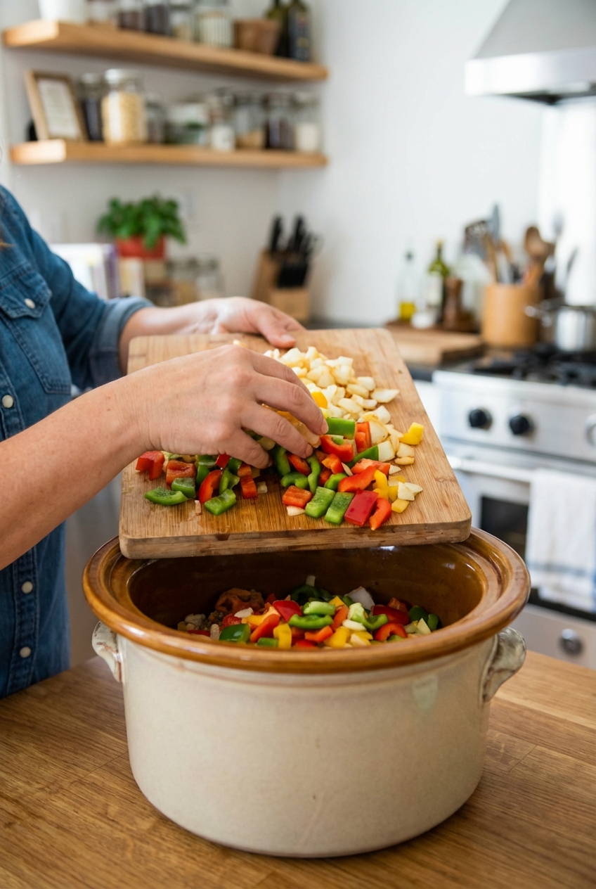 Hands adding chopped onions and bell peppers into a slow cooker
