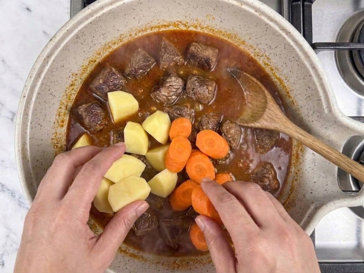 Hands adding chunks of potatoes and sliced carrots into a simmering pot of beef stew on the stovetop