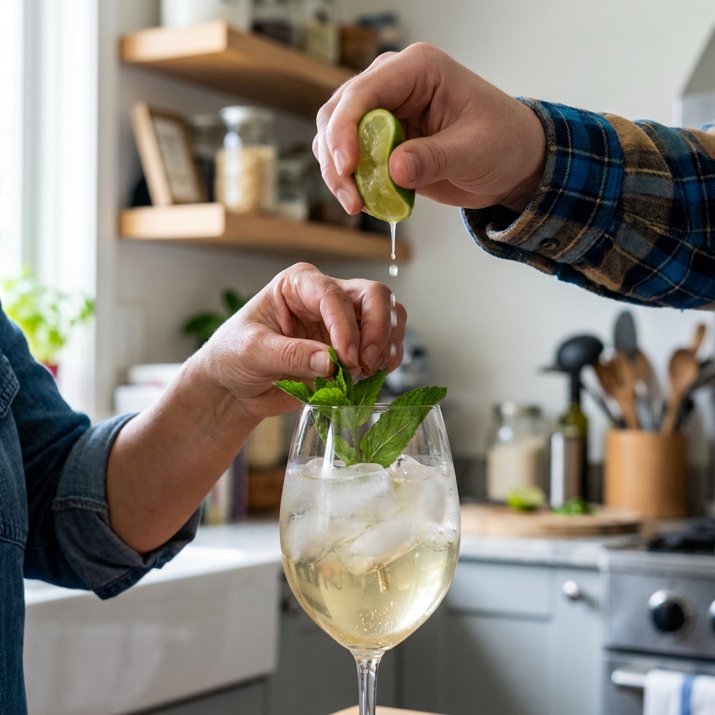 Hands adding fresh mint and citrus juice to a wine glass for a Hugo Spritz