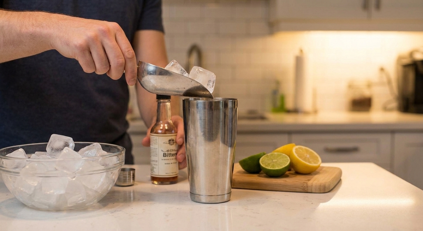 Hands adding ice to a stainless-steel cocktail shaker on a clean kitchen counter with citrus halves nearby