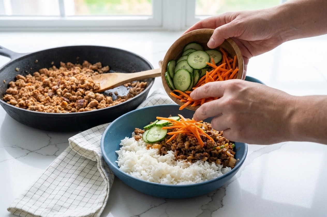 Hands adding sliced cucumber and shredded carrots to a bowl of rice and minced meat on a kitchen counter