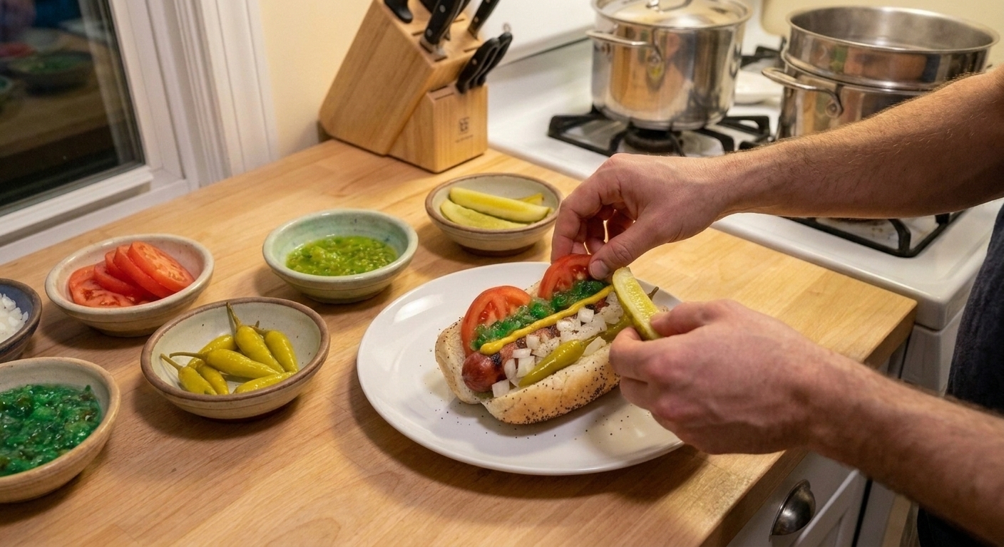 Hands adding tomato wedges and a dill pickle spear to a hot dog in a poppy seed bun on a kitchen counter
