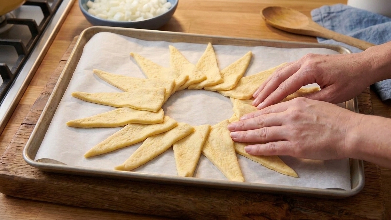 Hands arranging crescent roll triangles in a ring on a parchment-lined baking sheet, tips pointed outward