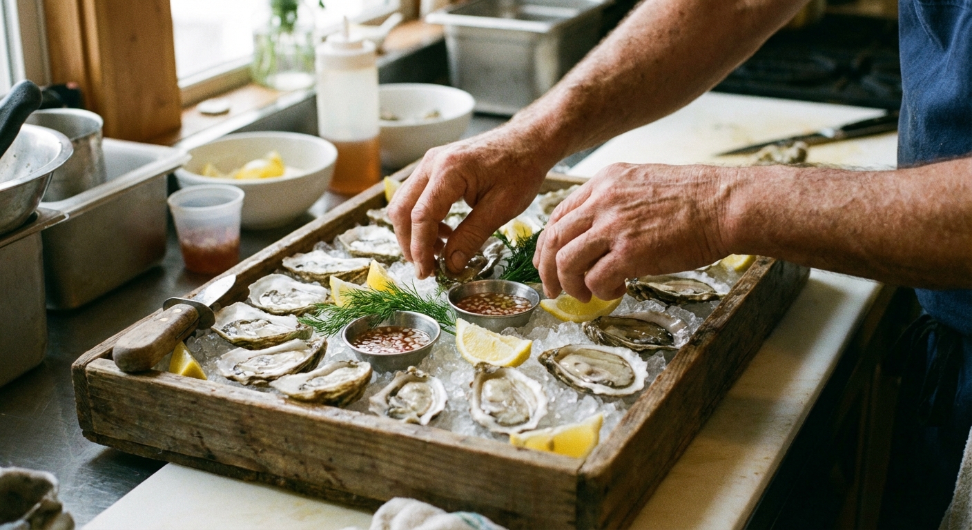 Hands arranging shucked oysters on crushed ice in a shallow tray with lemon wedges