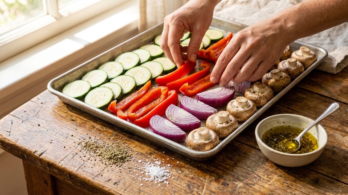 Hands arranging sliced zucchini, bell peppers, red onion wedges, and mushrooms on a sheet pan next to a small bowl of olive oil and seasonings on a kitchen counter