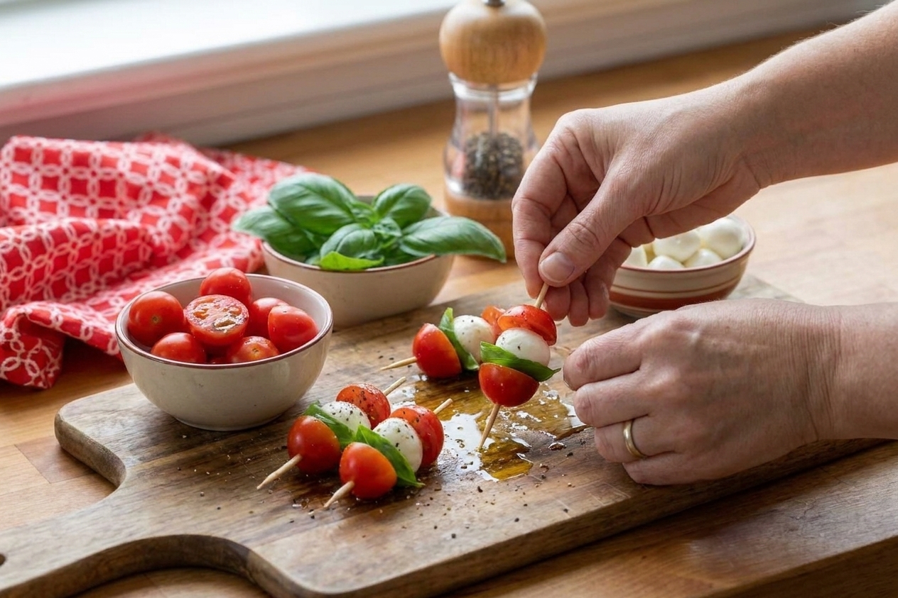 Hands assembling Caprese skewers by threading cherry tomatoes, basil leaves, and mozzarella pearls onto small wooden skewers on a cutting board