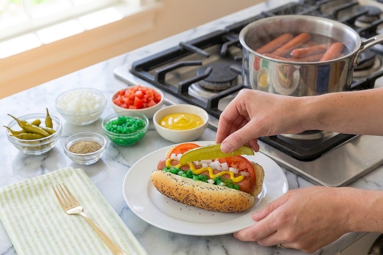 Hands assembling Chicago-style hot dogs on a kitchen counter with small bowls of toppings nearby