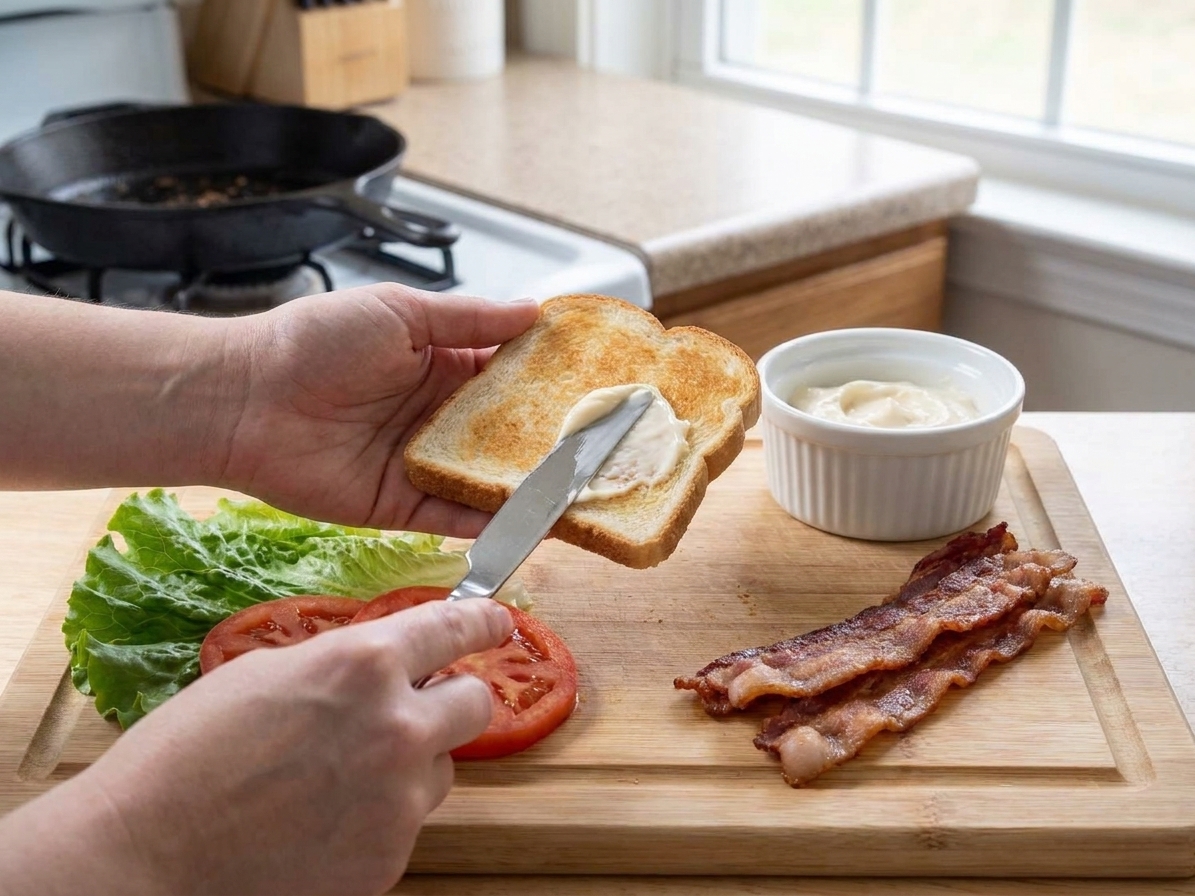 Hands assembling a BLT on a wooden cutting board: spreading mayonnaise on toasted bread and layering lettuce, tomato slices, and crispy bacon in a bright home kitchen