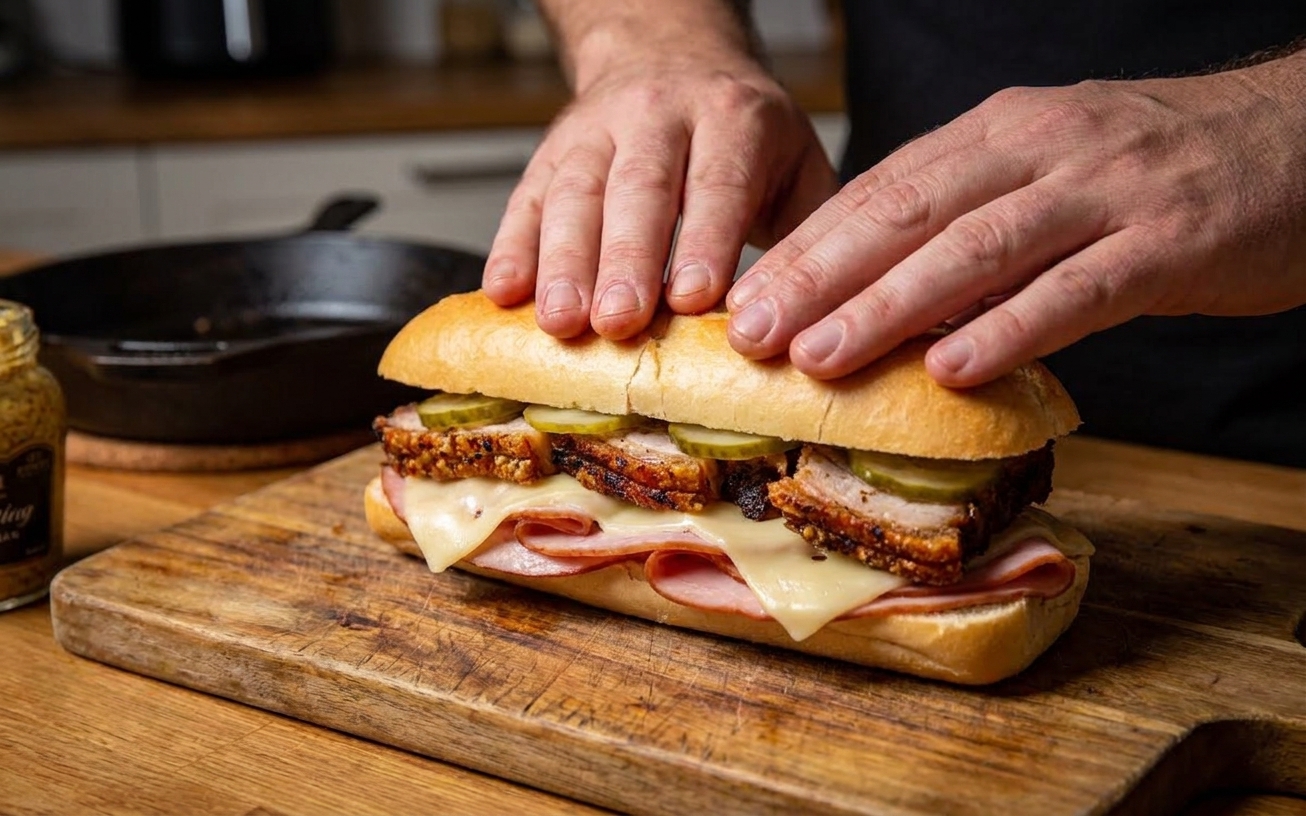 Hands assembling a Cubano on a cutting board with layers of ham, Swiss, roasted pork, and dill pickles inside a split roll