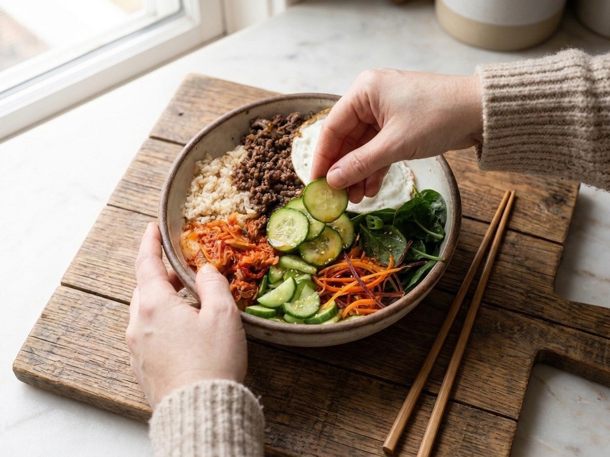 Hands assembling a Korean beef bowl with rice, glossy beef, and sliced cucumbers on a bright kitchen counter