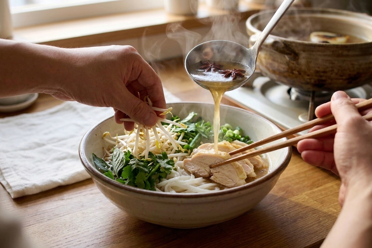Hands assembling a bowl of chicken pho by adding sliced chicken, herbs, and bean sprouts before pouring hot broth