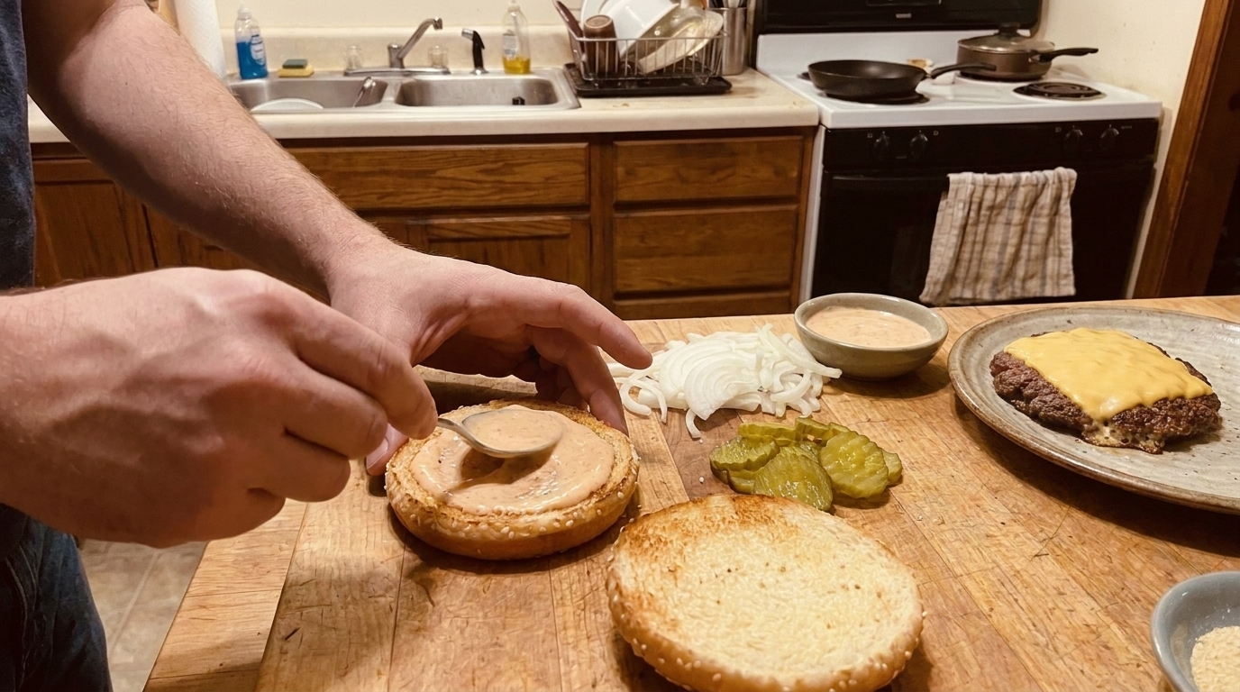 Hands assembling a burger on a cutting board with toasted buns, secret sauce being spread, and pickles and onions ready nearby