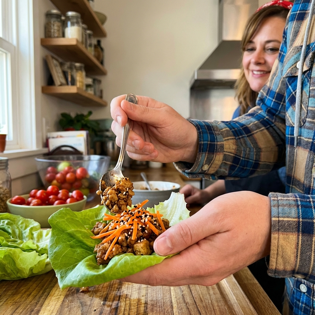 Hands assembling a butter lettuce wrap with a spoonful of savory filling, topped with shredded carrot and sesame seeds