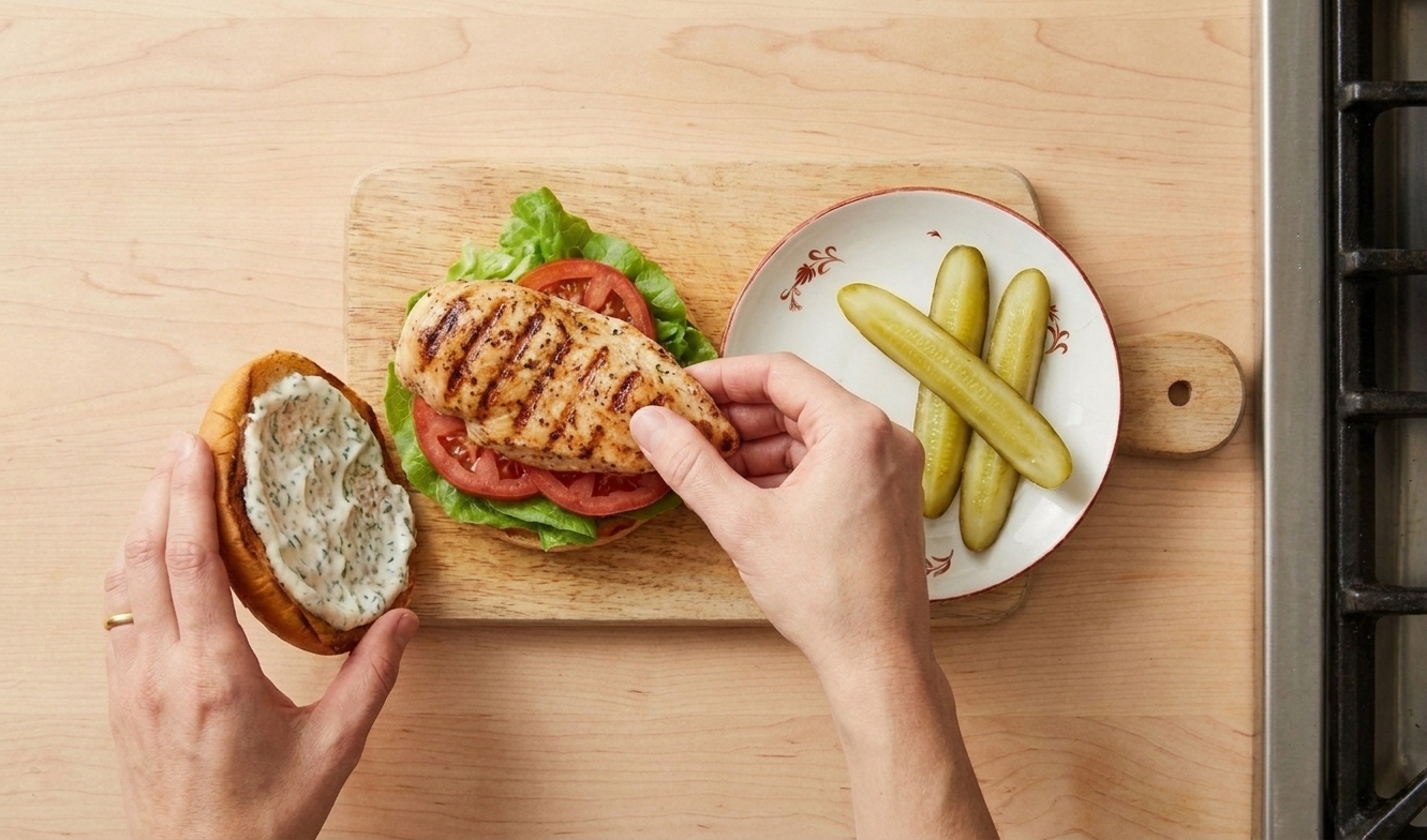 Hands assembling a chargrilled chicken sandwich with lettuce and tomato on a toasted bun on a wooden cutting board in a bright kitchen