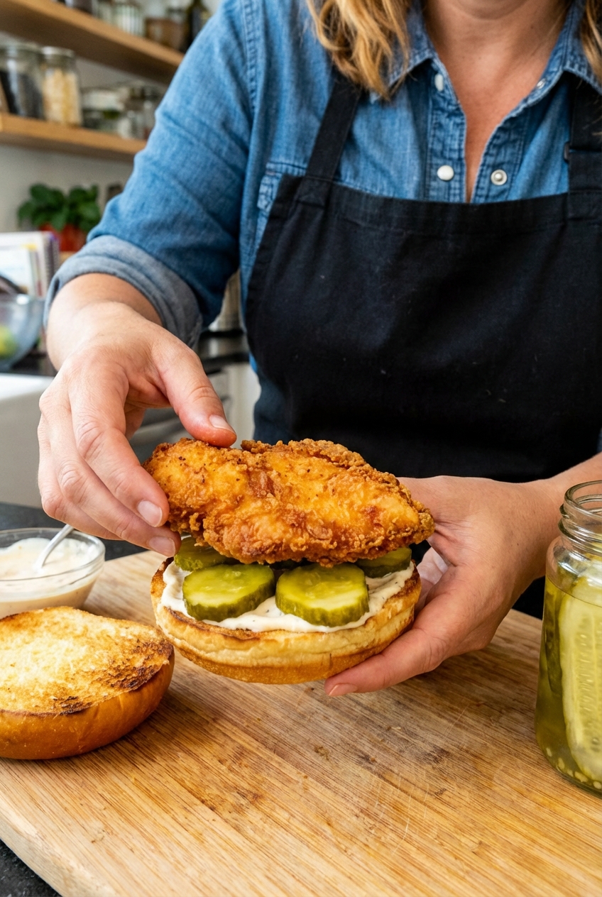 Hands assembling a chicken sandwich with crispy chicken, pickles, and sauce on a toasted bun