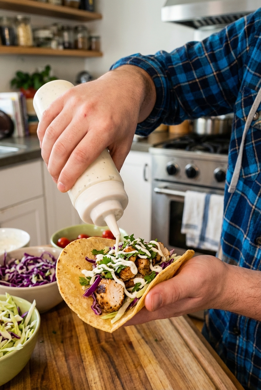 Hands assembling a chicken taco with cabbage and a drizzle of lime crema