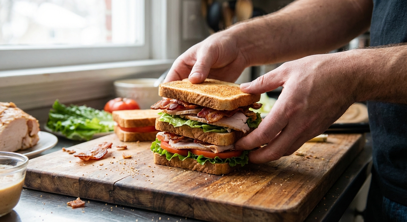 Hands assembling a club sandwich on a wooden cutting board with toasted bread, bacon, sliced turkey, lettuce, and tomato