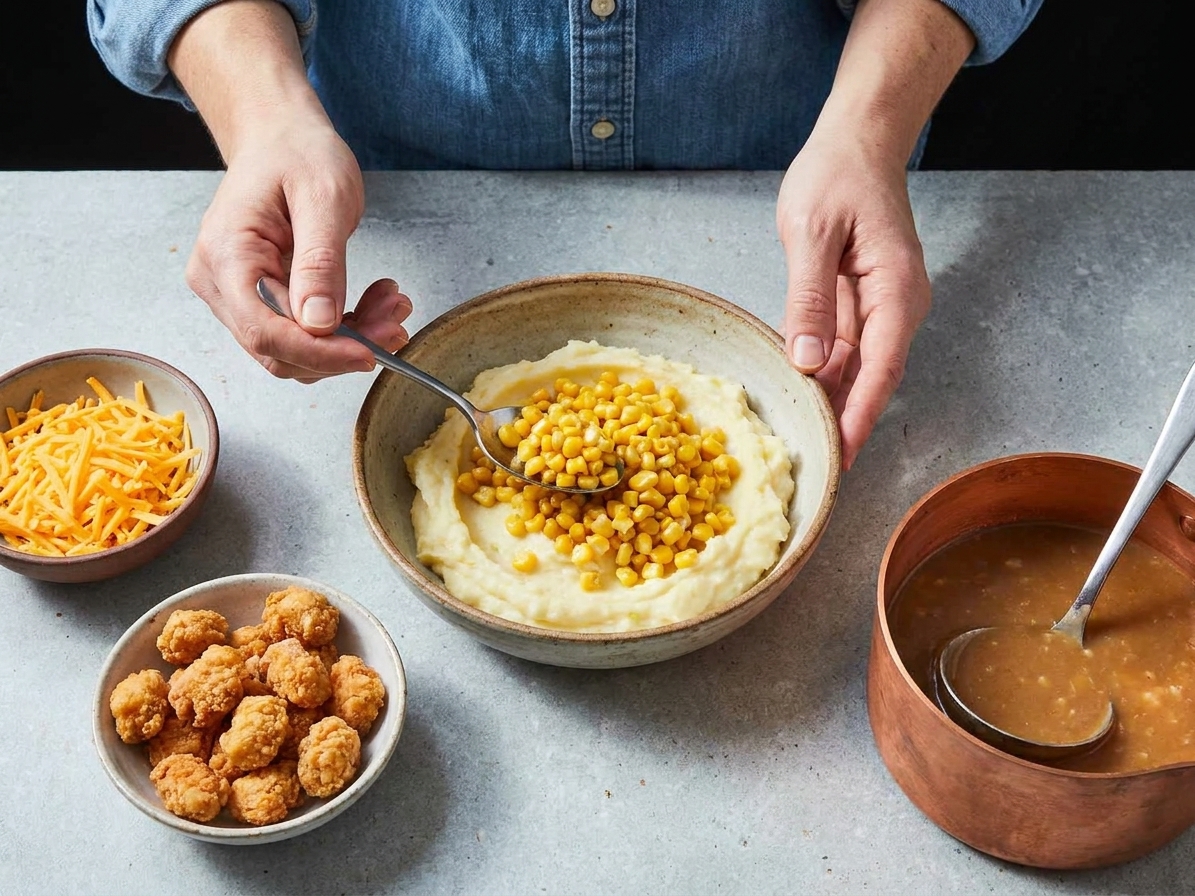 Hands assembling a copycat Famous Bowl in a ceramic bowl, layering mashed potatoes, corn, gravy, shredded cheese, and crispy popcorn chicken