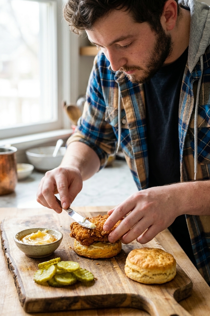 Hands assembling a fried chicken biscuit sandwich with honey butter on a wooden cutting board, pickles and a small bowl of honey butter nearby, real food photography