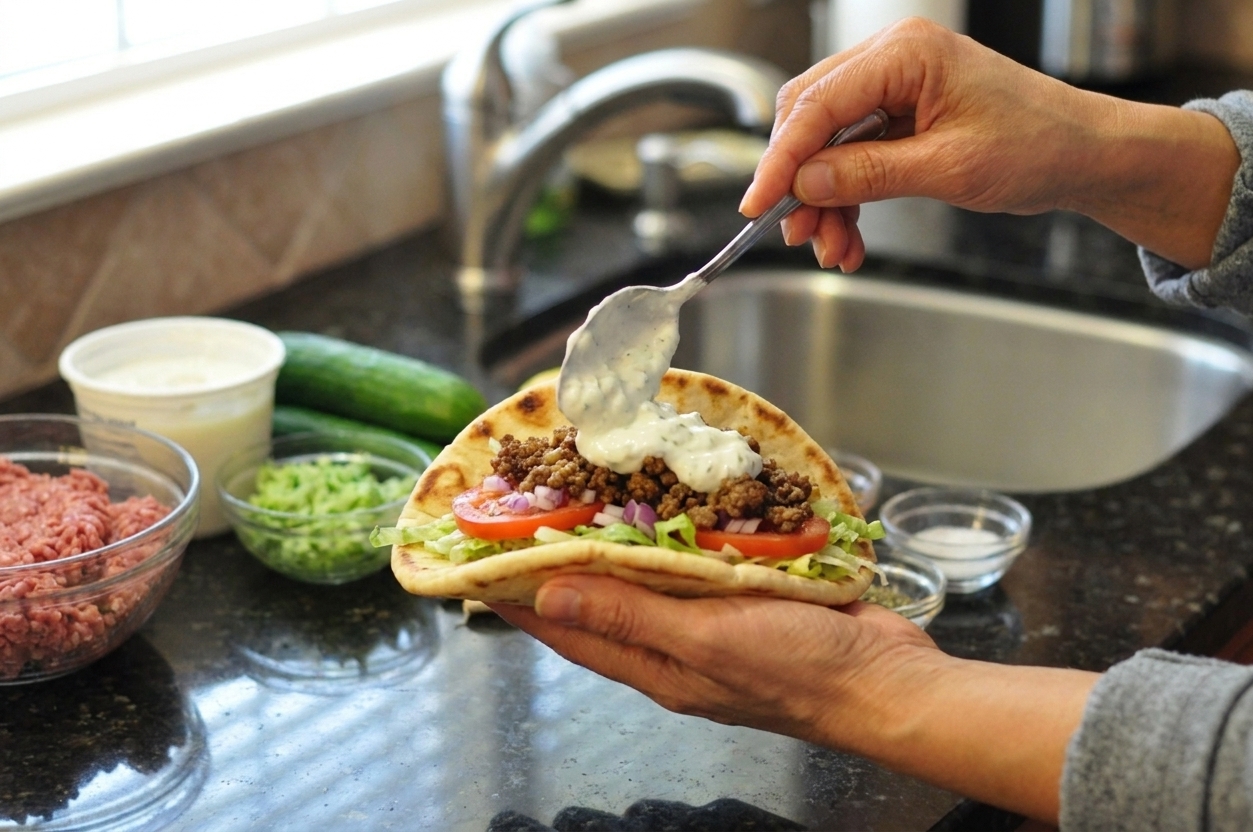 Hands assembling a lamb gyro on a warm pita with tzatziki, crumbled lamb, tomatoes, shredded lettuce, and red onion on a kitchen counter