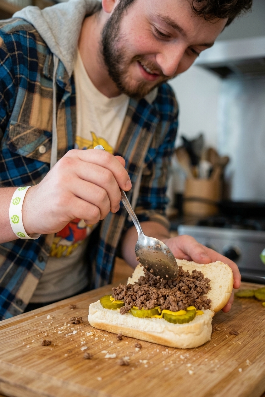 Hands assembling a loose meat sandwich on a soft bun with a spoonful of finely crumbled beef, pickle chips, and yellow mustard on a wooden cutting board