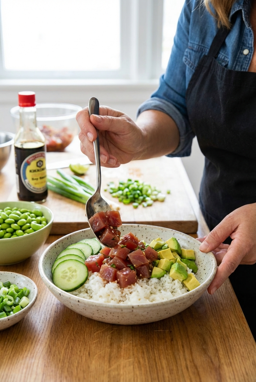 Hands assembling a poke bowl, spooning marinated tuna onto rice with cucumber and avocado in a ceramic bowl