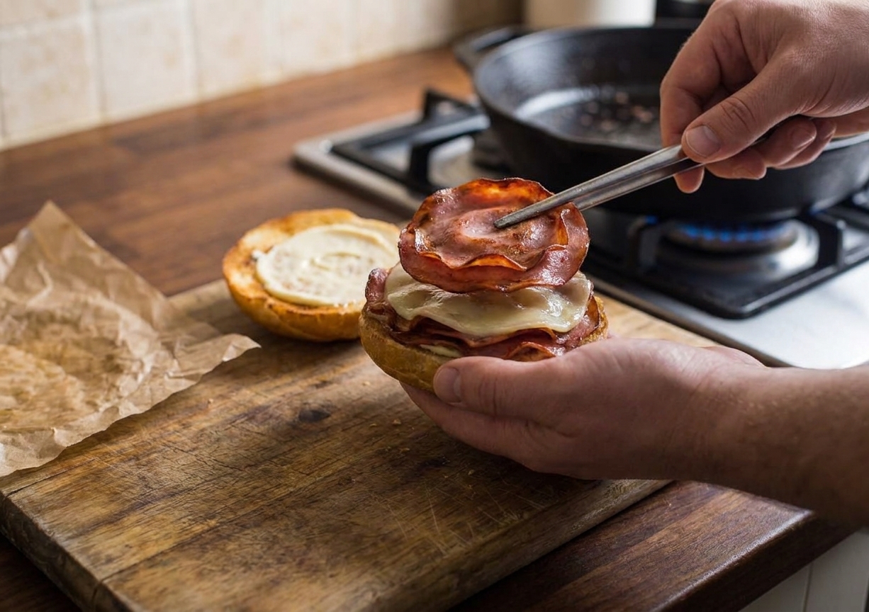 Hands assembling a sandwich on a cutting board, stacking crispy mortadella and melted provolone onto a toasted roll in a warm kitchen