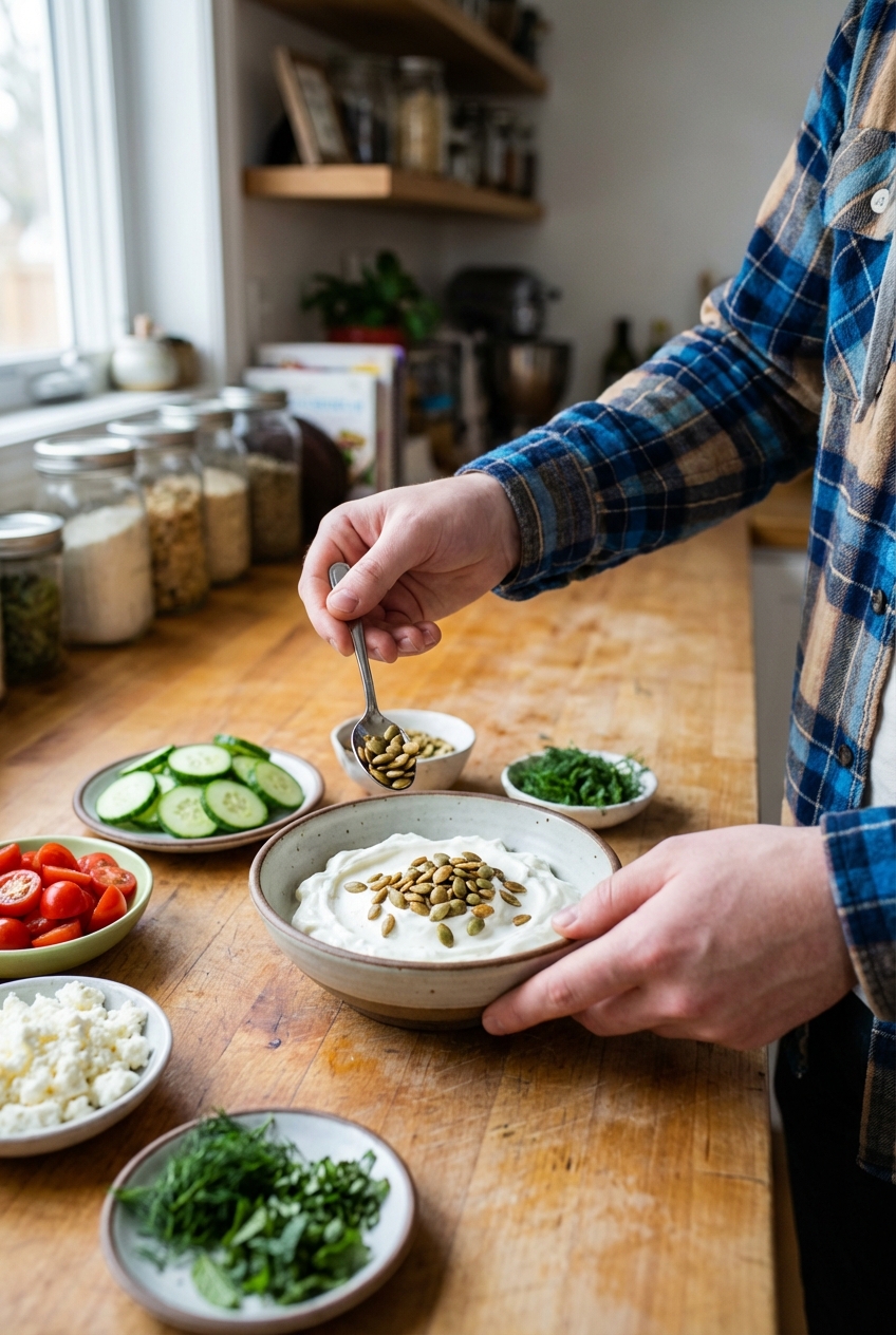 Hands assembling a savory Greek yogurt bowl with cucumbers, tomatoes, feta, herbs, and toasted pepitas on a countertop