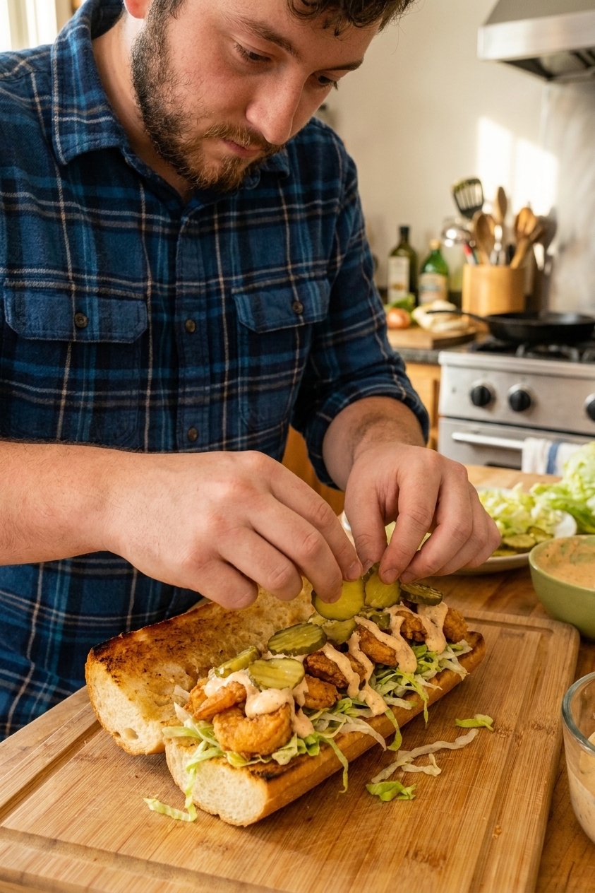 Hands assembling a shrimp po’ boy on toasted French bread with shredded lettuce, pickles, and creamy remoulade on a cutting board, close-up photo