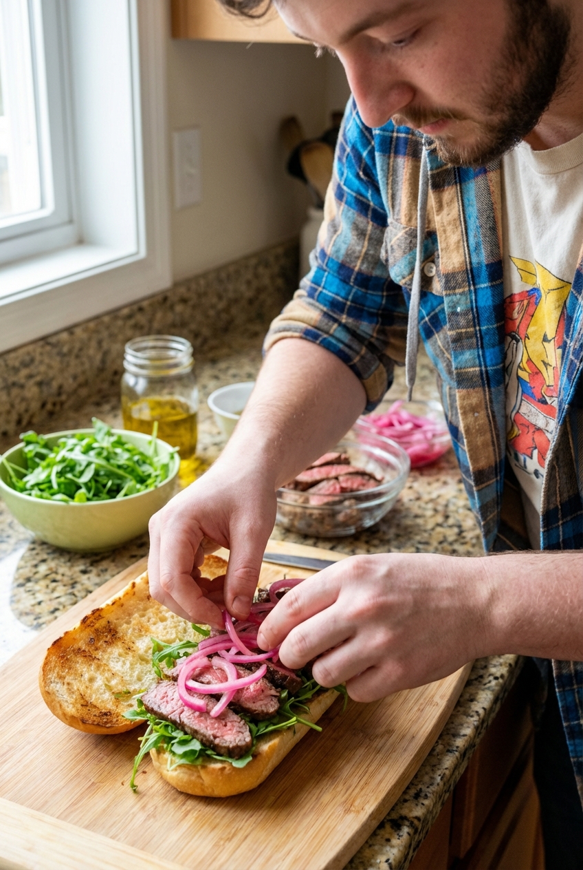 Hands assembling a steak sandwich with sliced steak, arugula, and pickled red onions on a toasted roll