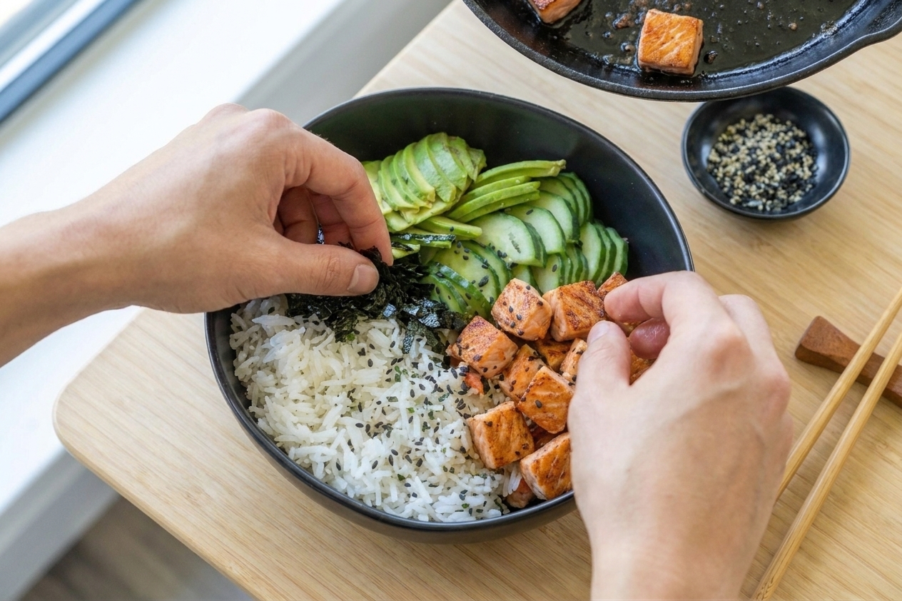 Hands assembling a sushi bowl by adding seasoned rice, seared salmon, cucumber slices, avocado, and torn nori into a ceramic bowl on a kitchen counter
