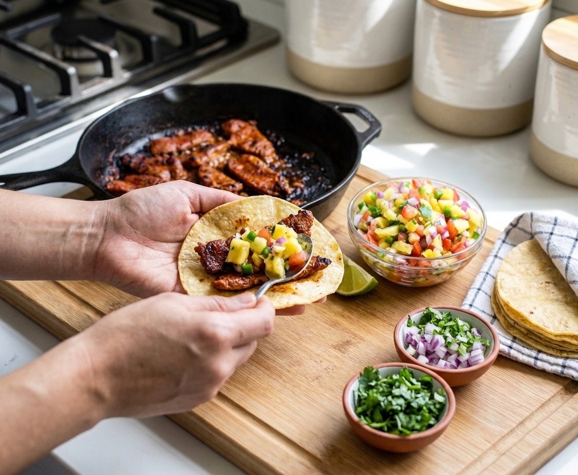 Hands assembling al pastor tacos with crispy pork, pineapple salsa, cilantro, and diced onion on a kitchen counter