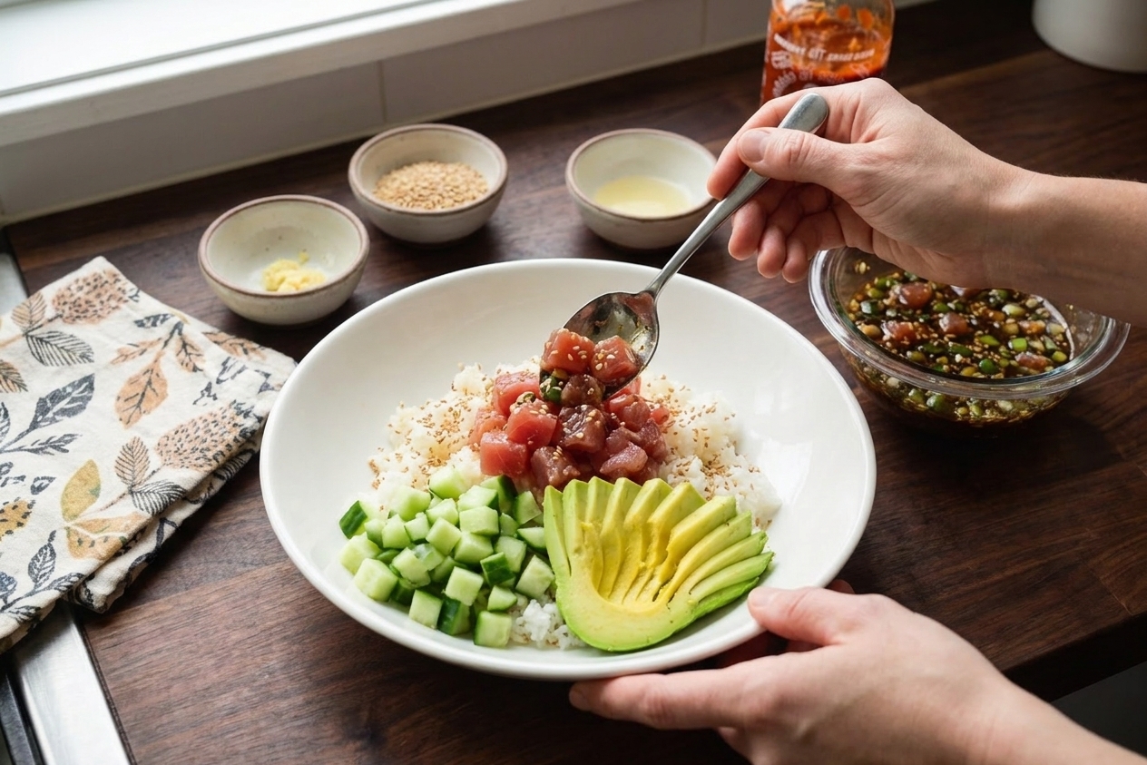 Hands assembling an ahi poke bowl on a kitchen counter, adding marinated tuna cubes over rice with cucumber, avocado slices, and sesame seeds